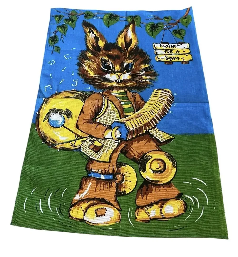 VTG Trevor Raynor Tea Towel Rabbit One Man Band Unused Brazil 1970s 17.5 X 26.5”
